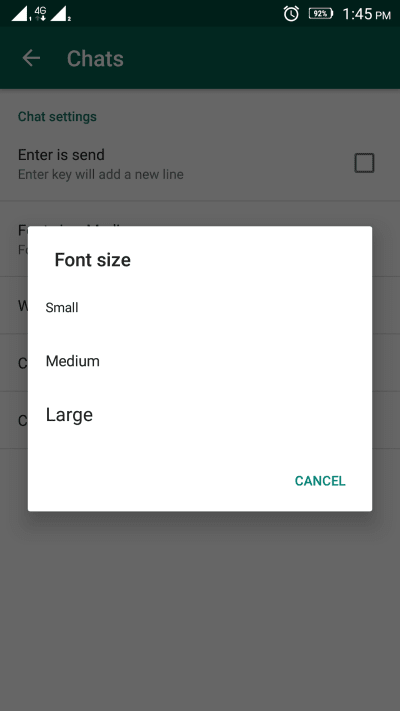 WhatsApp provides an option to change the font size in the app's settings