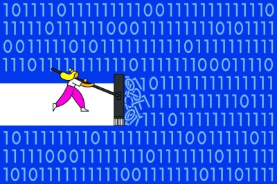 Illustration of a woman sweeping data away