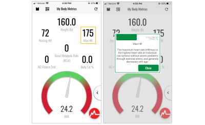 Tooltip explaining maximum heart rate on the MyZone Fitness mobile app.