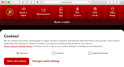 Screengrab of Pinchos cookie consent