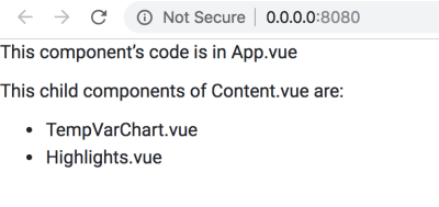 A screenshot of the browser with the message “This component's code is in App.vue. This child components of Content.vue are: TempVarChart.vue, Highlights.vue”