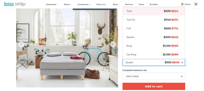 Leesa mattress product page that displays not just the size but the corresponding normal and sale price for each