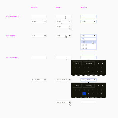 A sample set of three table filter types