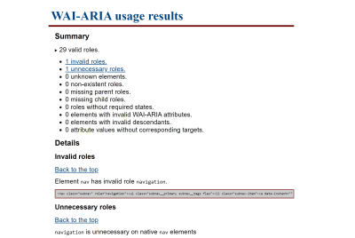 WAI-ARIA bookmarklet results page.