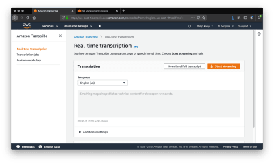 Amazon Transcribe Console Real-Time Transcription Tab