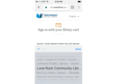 Searching for the desired library name in alphabetical order in Wisconsin's digital library