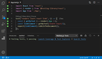 A screenshot of the App.test.js file opened in an editor showing all tests passed in the Output tab