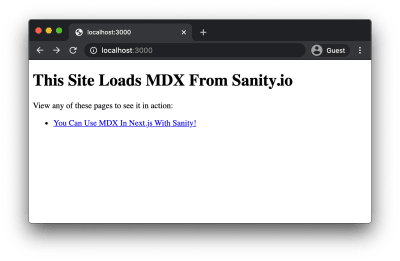 The site loaded in localhost with a list of linked Sanity page titles.