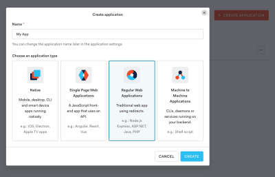 creation of a new app of type 'Regular Web Applications'.