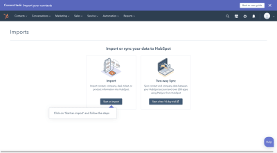 HubSpot data import page allows users to start the import or do a two-way sync with other software