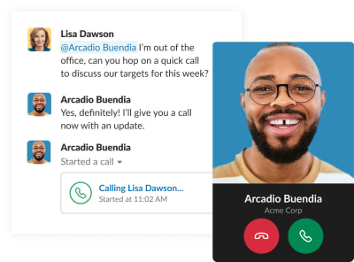 A screenshot of a chat window in Slack showing theprofile picture of the person calling along with their user name, company name, and two large bold buttons with the telephone icon on both: red button to decline call and green one to accept the call via Slack