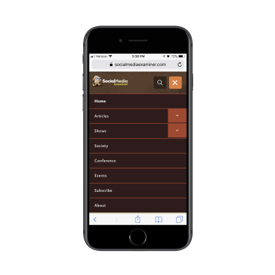 Social Media Examiner mobile navigation