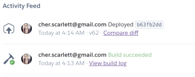 A screenshot of the Heroku dashboard activity feed showing the build triggered by our auto-deployment - the commit ID from Github from the most recent merge is shown, along with links to the code diff and the build log