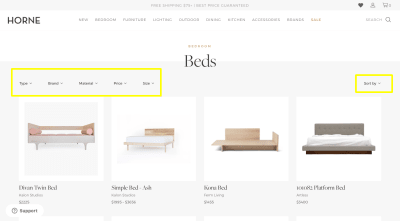 Horne e-commerce website design with filters and sorting for internal navigation