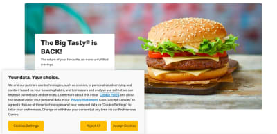 Screengrab of McDonald’s cookie consent offering three options: reject all, accept cookies and cookie settings