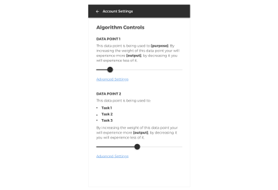 The mockup shows how we might make artificial intelligence that explains itself in a way that consumers are capable of using and controlling themselves, instead of the control being left to the hands of privately held or publicly traded corporations.