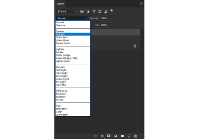 Blending mode drop-down menu open, Multiply highlighted