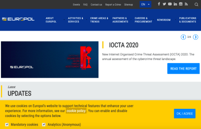 Screengrab of Europol’s cookie consent showing mandatory and tracking cookies checked