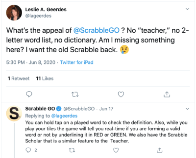 Twitter user @lageerdes tells Scrabble GO she wants the old app back