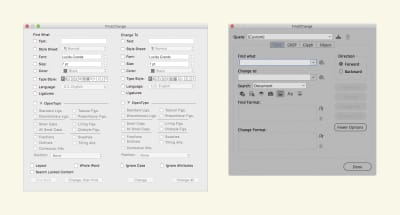 A software dialog box on the left from Quark showing its Find/Change window. On the right is Adobe InDesign’s software dialog Find/Change window.