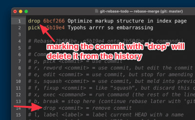 Marking the commit with drop will delete it from the commit history