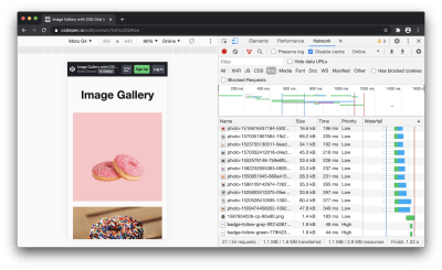 An image gallery eagerly loading all the images it needs upfront, as shown in the Chrome DevTools Network panel. 1.1 MB of images have been downloaded, despite only a small number being visible when the user first lands on the page.