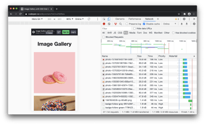 An image gallery eagerly loading all the images it needs upfront, as shown in the Chrome DevTools Network panel. 1.1 MB of images have been downloaded, despite only a small number being visible when the user first lands on the page.