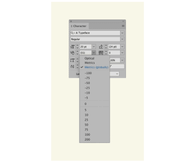 A software screengrab of Adobe InDesign's Character window, with a new option below ‘optics' and ‘metrics' window which says ‘metrics (globally)'.