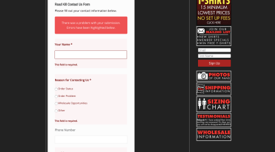 RoadKill T-Shirts contact form error