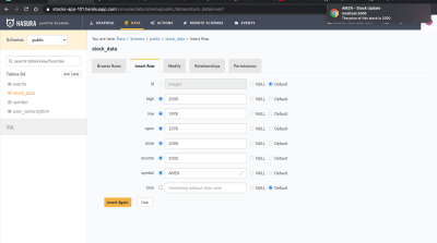 Inserting a row in stock_data table for testing