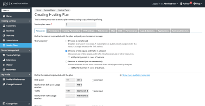 Plesk hosting plan management