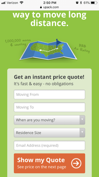 UPack shows a price quote form first thing