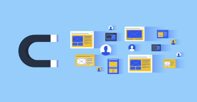 An illustration of a magnet (placed on the left) and various sketches of avatars and wireframes (on the right)