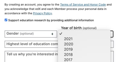 Screens of edX’s signup