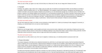 Sephora Terms of Use page includes “The short and sweet version” in red to summarize its complex legalese