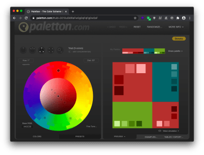 Color wheel with the established triadic scheme: variation of green, blue and red.