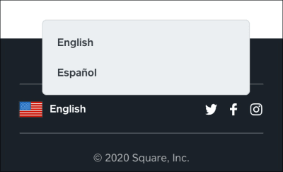 Tooltip showing English and Spanish language options on the Square mobile app.