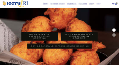 IGGY'S website with picture of clamcakes and 3 options for online ordering