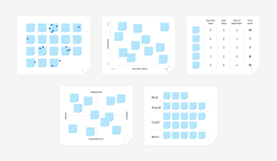 Dot voting, value versus feasibility, forced ranking, the Kano model, and MoSCoW.