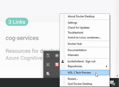 The WSL2 Tech Preview Option in the Docker Daemon context menu