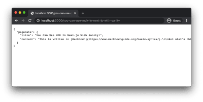 A JSON object displayed in the browser with the title and unprocessed MDX content for the page.