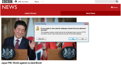 Screenshot of BBC homepage with “Security Warning” browser popup