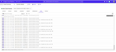 The cloud function log showing the logs from the function’s execution times.