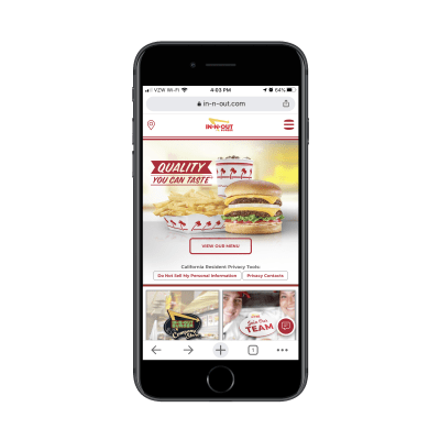 In-N-Out Burger website on mobile