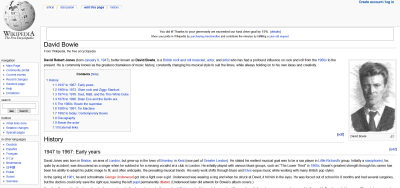 David Bowie’s Wikipedia page in 2005.