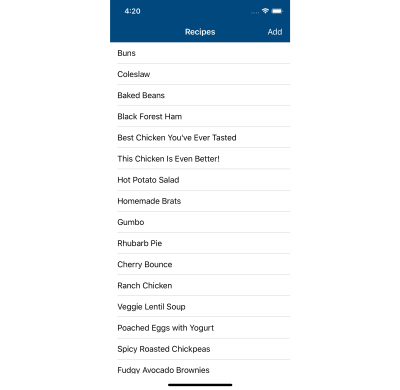 Screenshot of the recipe list screen on iOS