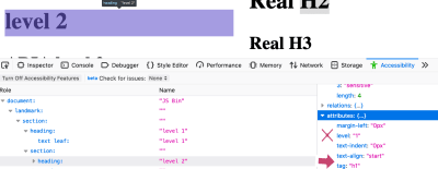 Screenshot of the firefox accessibility inspector selecting a nested h1 element