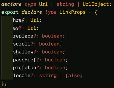 A screenshot of the inspected LinkProps type in VSCode