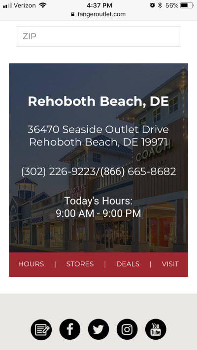 Example of a location-specific page and details from Tanger Outlets.