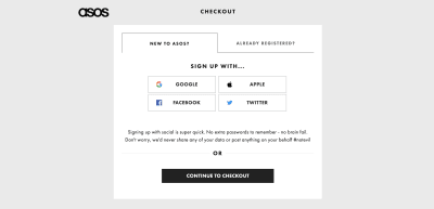 Original design of ASOS page using tabs to let users switch between ‘New to ASOS?’ and ‘Already registered?’ options